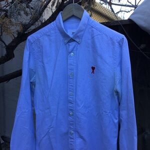 Ami Paris Heart Logo Button Down Shirt Blue Stripe size 40 Alexander Marttiussi